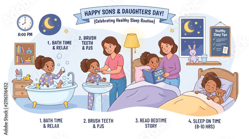 Educational infographic showing healthy sleep routine for children with daily steps