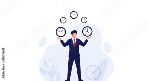 Businessman juggling clocks representing time management, deadlines, and multitasking in a modern flat vector illustration.