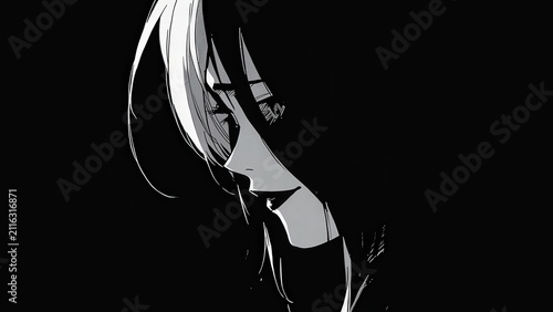 Monochrome Anime Portrait – Young Woman's Contemplative Expression in Stark Black and White Illustration