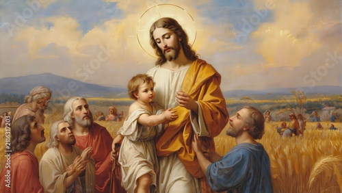 Jesus Christ Miracle of Loaves and Fishes – Religious Scene with Divine Blessing and Humble Followers in a Wheat Field