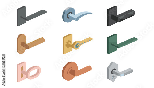 Set of nine diverse modern and classic door handles and levers in various colors and metallic finishes displayed in isometric view.