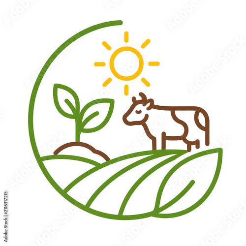 Minimalist line art icon of a cow in a farm landscape