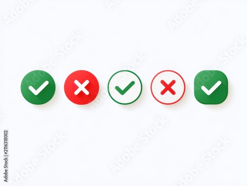 Set of check mark and cross mark icons, green and red symbols for approval, rejection, true or false, correct and incorrect signs isolated on white background