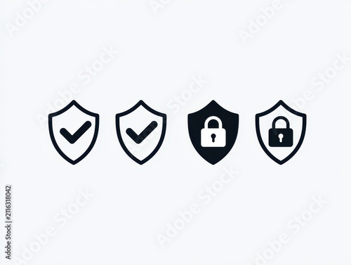 Set of security shield icons, protection symbols with check mark and padlock, safety and privacy signs isolated on white background