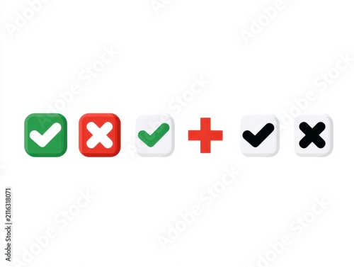 Set of colorful check mark, cross, and plus icons in rounded square buttons, flat design style, symbols for status and actions, isolated on white background