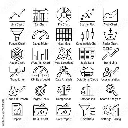 Analytics outline vector icons set. Business data charts and financial growth symbols.
