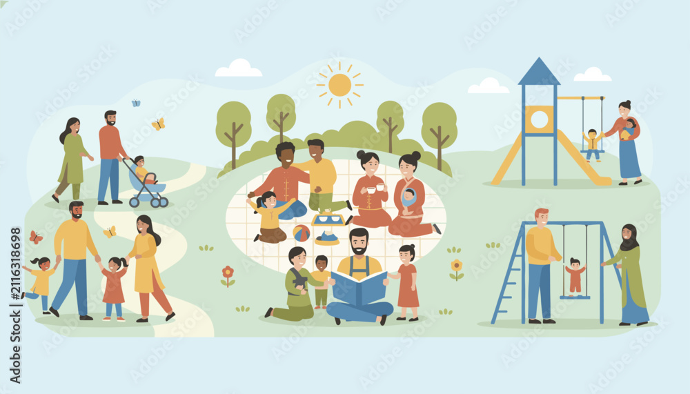 Fototapeta premium A vibrant park scene with multiple families and children enjoying picnics, playgrounds, and strolls on grass.