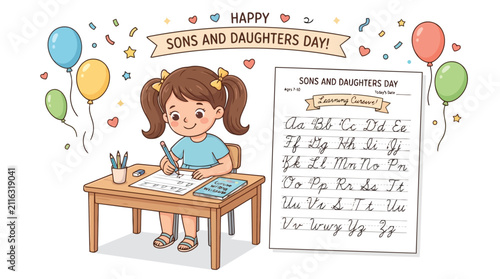 Young girl practicing cursive writing at desk for Sons and Daughters Day education theme vector illustration