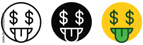 Money face emoji icons featuring dollar sign eyes, smiling expressions, wealth concepts, and financial success symbols, vector, designs