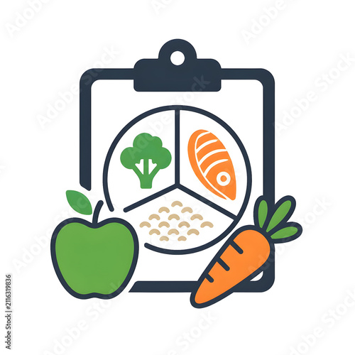 Healthy diet plan icon with food groups on a clipboard
