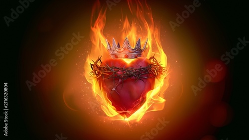 Sacred Heart engulfed in radiant flames, Christian represents divine love, sacrifice, faith, redemption