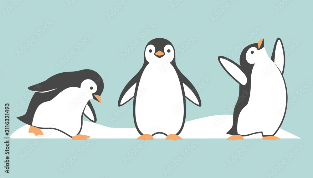 Obraz premium Three cute penguins in different poses standing on snow against a light blue background.