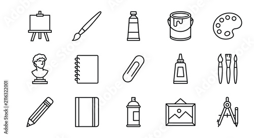 Art Supplies Icon Set Black Line Art On White Background Depicting Painting And Drawing Tools artist artwork