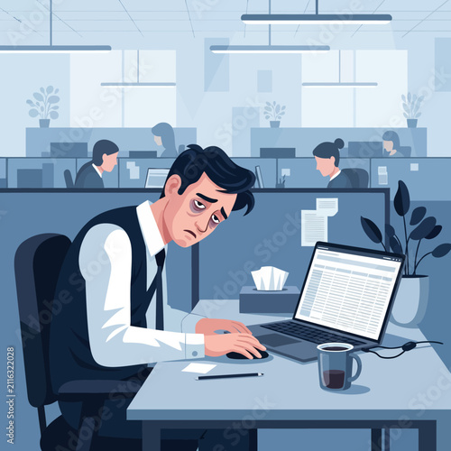 Exhausted Office Worker Overwhelmed By Daily Grind Workload