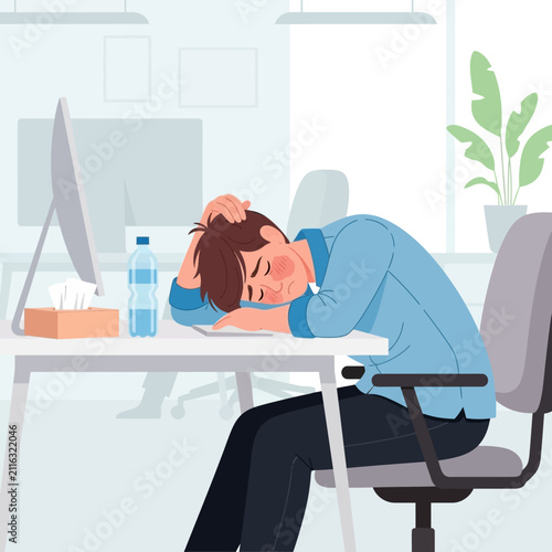 Exhausted Office Worker Napping At Desk Overworked Burnout Stressful Workday