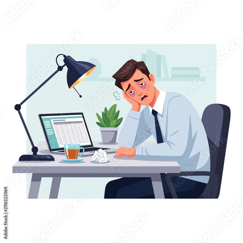 Exhausted Office Worker Overwhelmed By Workload And Stress
