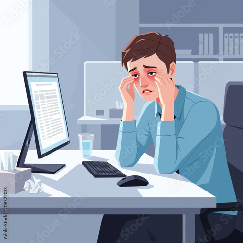 Exhausted Office Worker Rubbing Tired and Red Eyes At Desk