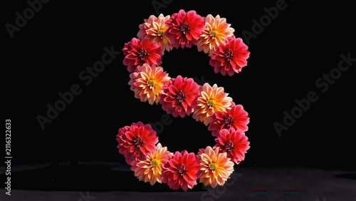 Dahlia Flower Letter S - Vibrant Red & Orange Floral Arrangement Forming a Stylish Alphabet Shape on Black Background