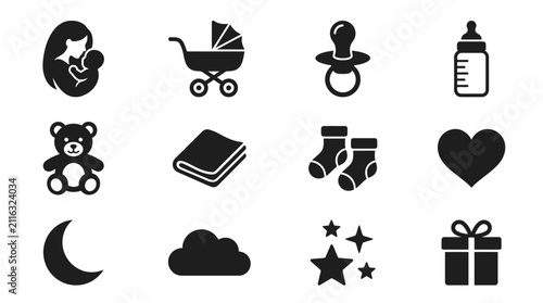 Konstfotografi Baby Icons Set: Motherhood, Stroller, Pacifier, Bottle, Bear, Socks, Heart, Moon