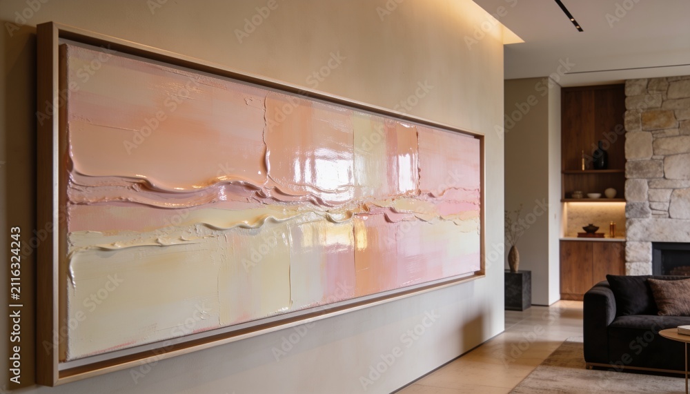 Obraz premium Displaying large horizontal abstract painting with wooden frame in modern living room, with sofa