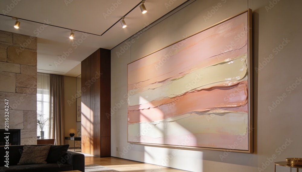 Obraz premium Featuring large abstract painting catching sunbeams in living room, with black sofa, copy space
