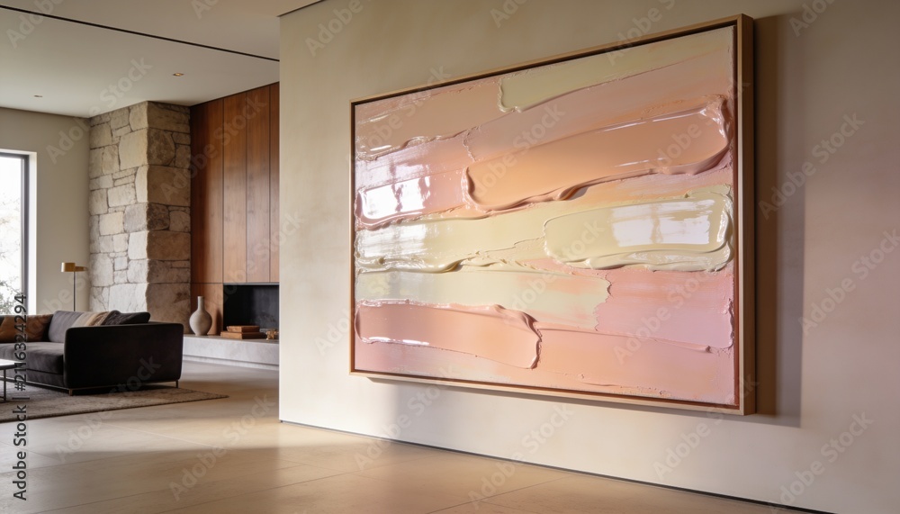 Obraz premium Displaying large framed abstract painting on right wall in living room, with sofa and fireplace