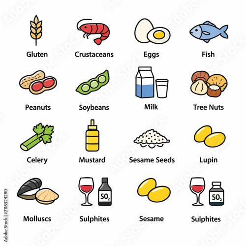 Allergen icons set with food ingredients and symbols