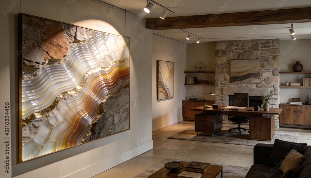 Obraz premium Showing agate artwork on left wall lit by spot, with desk, leather chair, fireplace, copy space