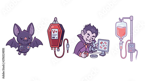 Kawaii vampire blood bank medical icons in pastel purple and red