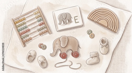 Cute wooden toy set. Vintage watercolor nursery play elements. Eco childhood learning items.