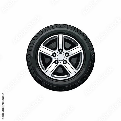 Black car tire with silver alloy wheel isolated on white background