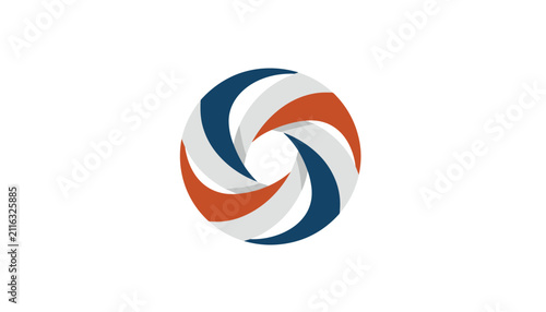 Abstract circular geometric logo featuring swirling orange, blue, and white segments creating a dynamic aperture effect.