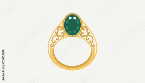 Elegant gold ring with an oval emerald gemstone and ornate filigree scrollwork on a light grey minimalist background.