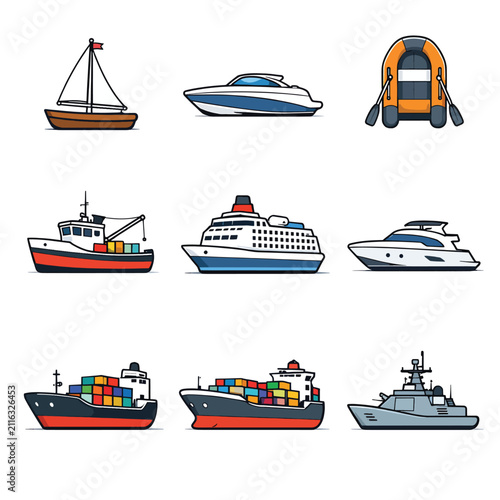 Collection of Various Boats and Ships Vector Illustration