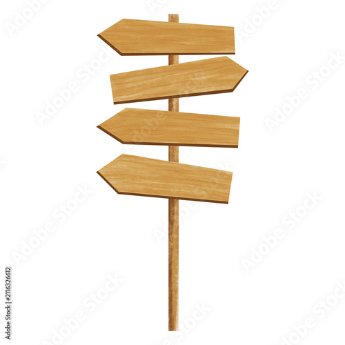 Blank wooden directional signboard with multiple arrows on a post, isolated on a transparent background for custom text and rustic concepts.