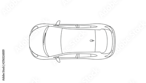Minimalist top down outline drawing of a modern five door hatchback passenger car from above on a clean white background.