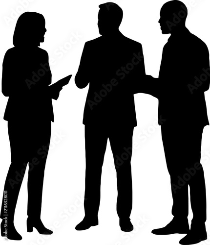 Three silhouetted people having a business discussion together isolated on transparent background, Vector