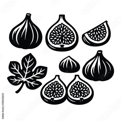 Fresh figs and leaves black and white illustration