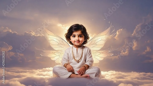 Adorable Baby Boy with Angel Wings Sitting on Clouds – Divine Child Portrait for Spiritual and Religious Concepts