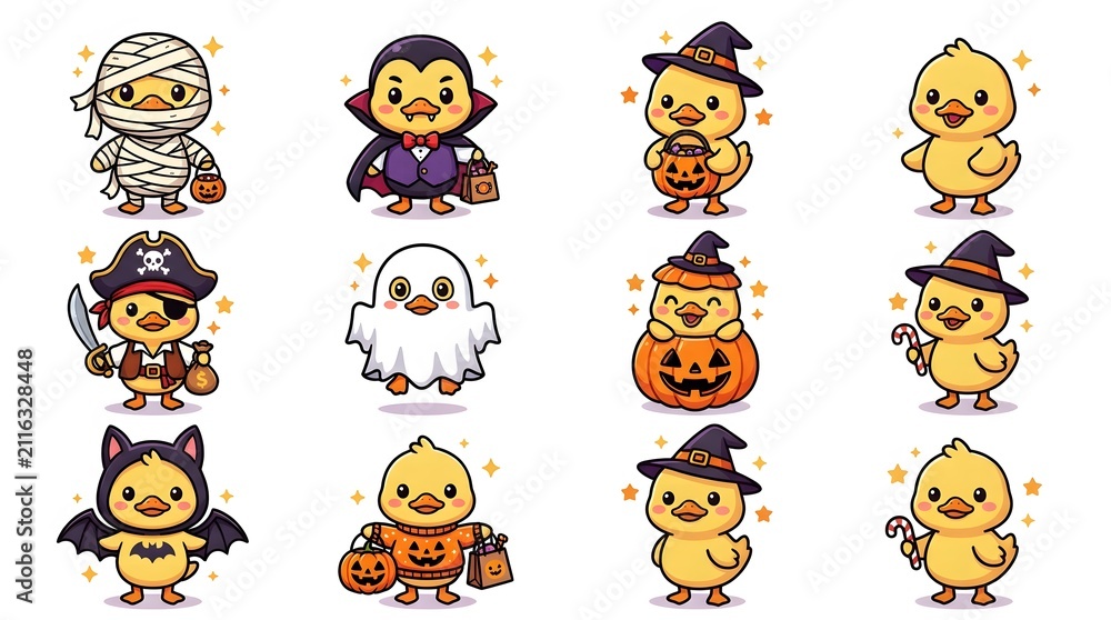 Obraz premium Set of cute cartoon halloween characters featuring baby chicks dressed in various spooky costumes on white background