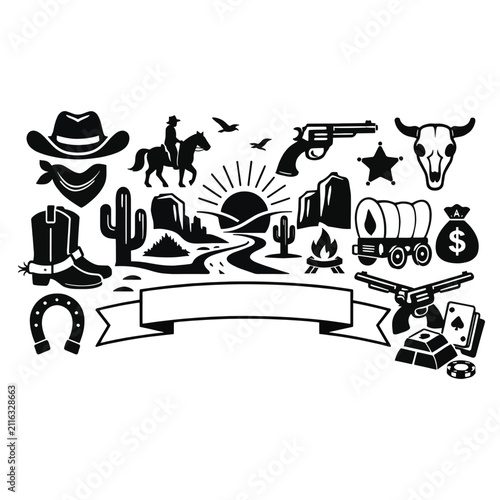 Western cowboy icons and symbols in black silhouette style