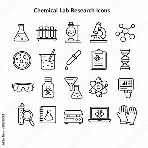 Chemical Lab Research Icons Set, Science Equipment Line Art
