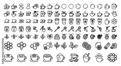 Minimal Cup and Honeycomb Outline Icons Black Line Beverage Vector Set