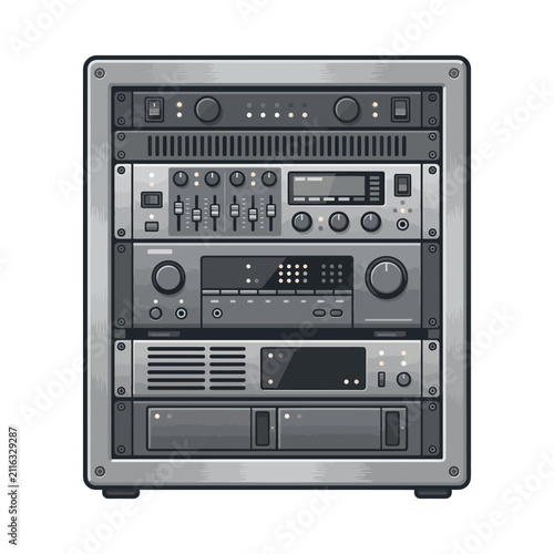 Professional server rack with audio and video equipment.