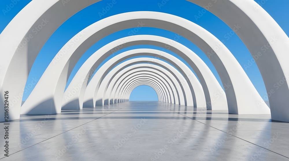 Naklejka premium A symmetrical view through a series of white concrete arches leading towards a bright blue sky
