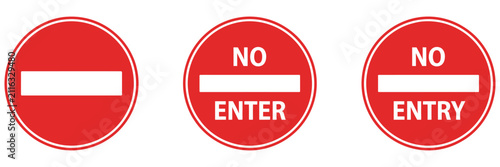 No entry sign icons featuring restricted access symbols, traffic stop warnings, prohibition notices, and public safety graphics, vector, designs