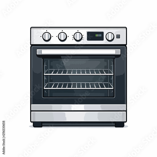Modern stainless steel oven with digital display and control knobs