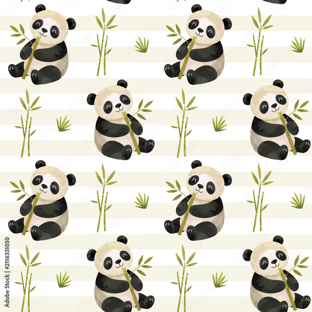 Obraz premium Watercolor panda seamless pattern. Cute background with panda and bamboo. Hand painted animal print