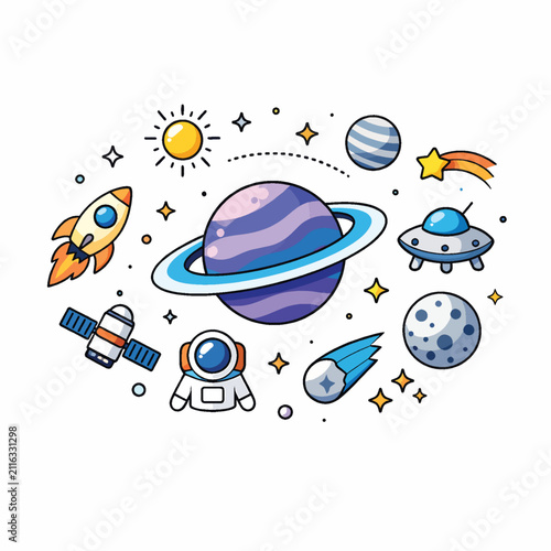 Colorful Space Exploration Illustration with Planets and Rockets