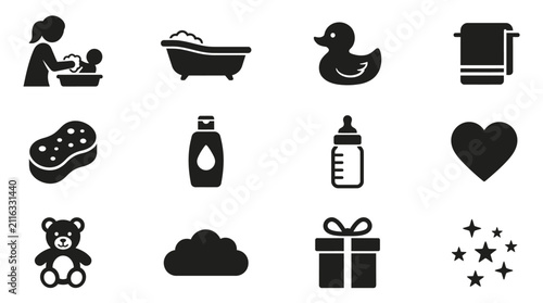 Fotografie Baby Bath Time Icons: Hygiene, Toys, Care, and Love Elements